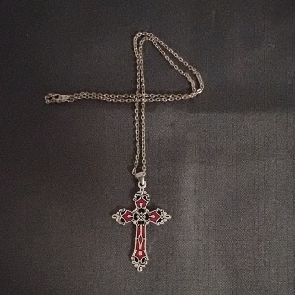 Red and Silver Cross Pendant Necklace